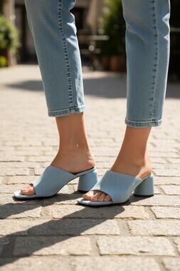 Zara Denim Block Heel Sandals Mules Square Toe Slide Shoes Women's EU 38 US 7.5